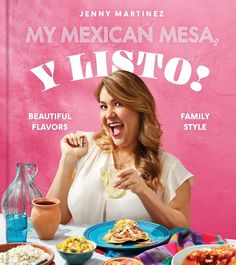 a woman sitting at a table with plates of food in front of her and the words my mexican mea, y missto?