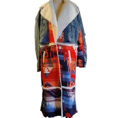 Loragal Women's Patchwork And Denim Aztec Print Coat New With Tags Size 3xl 51" Shoulder To Hem Approximately 26" Armpit To Armpit Multicolor Denim Winter Outerwear, Fleece Vest Women, Grey Pea Coat, Fall Winter Coat, Womens Snowboard, Cropped Puffer Jacket, Jean Jacket Women, Floral Jacket, Print Coat