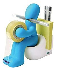 a blue man is holding a pencil and tape dispenser on a white background