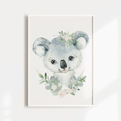 a watercolor painting of a koala bear with flowers on its head