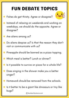 a yellow and black poster with the words fun debate topics written in front of it