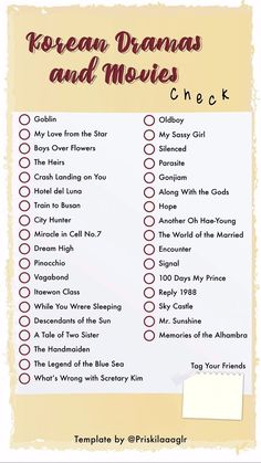 the korean drama and movies checklist is shown in this graphic style, with an image of