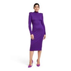 Sergio Hudson X Target Purple Long Sleeve Turtleneck Strong Shoulder / Shoulder Pad Midi Dress Size Xs New With Tags Made In China 81% Rayon, 19% Nylon Machine Washable Purple Midi Dress For Winter, Purple Midi Length Bodycon Dress, Spring Fitted Dresses From Target, Target Fitted Spring Dresses, Chic Purple Midi Dress For Winter, Chic Purple Winter Midi Dress, Purple Polka Dot Dress, Mode Purple, Jingle Dress