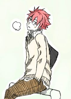 a drawing of a man with pink hair sitting on a chair and looking up at the sky