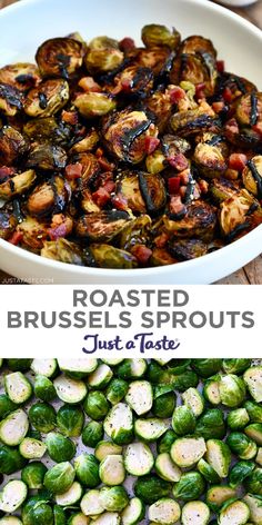 roasted brussel sprouts in a white bowl with text overlay