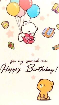 a birthday card with a teddy bear and balloons