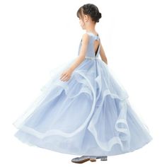 The elegant feature is made of satin poly upper body with heart cutout design on the back. The tiered tulle skirt is decorated by a pearl and rhinestone waistband that lends a luminous touch. The skirt has 7 layers, top 4 layers are made of tulle, the 5th is a layer of satin lining, 6th layer is an attached crinoline netting for additional fullness and the 7th layer is another layer of soft satin lining to bring comfort to your little girl while wearing the dress. Size: 10.  Color: Blue.  Gender Tulle Gowns, Princess Gowns, Skater Girl Dress, Tiered Tulle Skirt, Ivory Flower Girl, Ivory Flower Girl Dresses, Toddler Flower Girl Dresses, Tulle Flower Girl, Satin Tulle