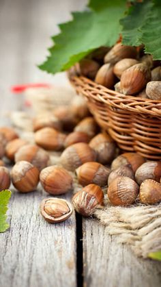 some nuts are in a basket on a wooden table next to green leafy leaves