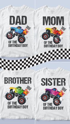 four t - shirts with monster trucks on them and the words,'brother of the birthday