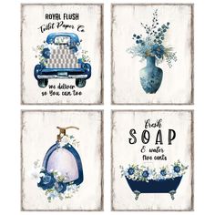 four bathroom wall art prints with blue and white flowers in the bathtub, toilet paper towel, soap dispenser