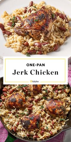 one - pan jerk chicken with rice and beans on a white plate next to a pink napkin