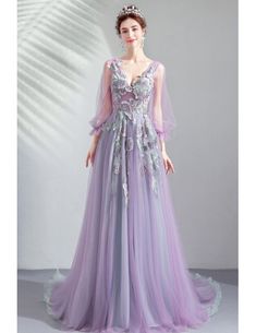 Prom Dress A Line, Lace Long Prom Dress, Purple Tulle, Crystal Dress, A Line Evening Dress, Long Sleeve Prom, Party Dress Long Sleeve, Prom Dresses With Sleeves, Prom Dresses Long With Sleeves