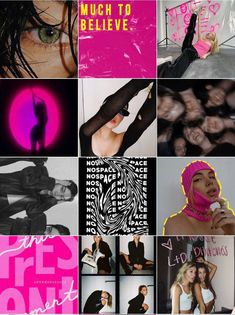 a collage of photos with the words much to believe in pink and black letters