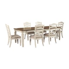 a dining room table with chairs and a bench in front of it on a white background