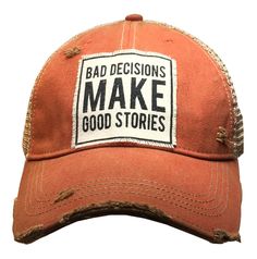 PRICES MAY VARY. 65% Cotton, 35% Polyester Snap closure Hand Wash Only Hats with Funny Sayings: Make a statement and show a bit of your personality with these super fun unisex baseball caps. Perfect for everyday or that special occasion. Distressed Trucker Caps: These stylish dad hats all feature catchy, funny sayings that are sure to grab some attention. Whether you are at work, at the bar, or just hanging with friends this novelty hat is sure to show off your unique style. Well Constructed: Low profile distressed baseball cap made from high quality cotton/polyester blend with soft breathable mesh back and a pre-curved frayed bill that gives this stylish ball cap a real distressed look. One Size Fits Most: Adjustable snapback cap sits comfortably on the head, with an floppy un-structured Funny Trucker Hat, Trucker Humor, Good Stories, Distressed Baseball Cap, Women Trucker, Novelty Hats, Hanging With Friends, Funny Hats, Bad Decisions