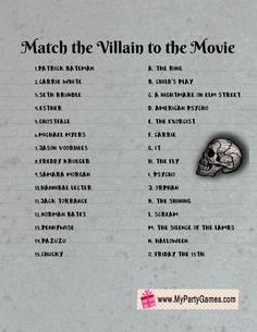 the poster for match the villain to the movie, which features an image of a skull