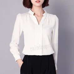 Womens Casual V-Neck Chiffon Blouse Long Sleeve Office Lady Shirts Slim Work Top Elegant Collared Office Tops, Elegant Collared Tops For Office, White Office Lady Tops For Business Casual, Solid Color Office Lady Tops, Collared Blouse For Office Wear, White V-neck Blouse For Business Casual, Feminine Long Sleeve Workwear Tops, Feminine Long Sleeve Tops For Work, Feminine Long Sleeve Tops For Workwear