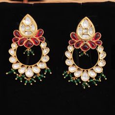 Gold Rodium Polish Green color Earrings in Metal Alloy studded with Kundan Elegant Luxury Green Chandbalis, Luxury Green Chandbalis With Stone Work, Engagement Reception, Reception Lehenga, Color Earrings, Waist Chain, Green Earrings, Metal Earrings, Accessories Earrings