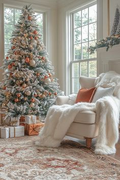 a living room with a christmas tree and presents