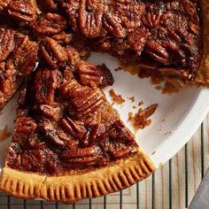 a pecan pie is shown on a plate