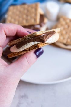 a hand holding a cracker with marshmallows and chocolate on the side