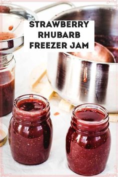 strawberry rhubarb freezer jam in two jars