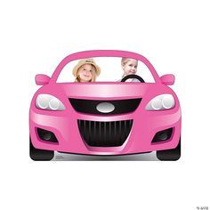 a pink car with two people in the front and one person sitting behind the wheel