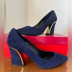 Nwot, Gorgeous, Never Worn Navy Suede Shoes With 3” Heels. Gold Trim On The Sides And Back Of Heels. Super Comfortable. Goes Well With Dresses, Trousers, Skirts, And Jeans. Suede Dress Shoes, Vaneli Shoes, Heels Gold, Suede Dress, Gray Suede, Peep Toe Heels, Grey Women, Suede Shoes, Gold Trim