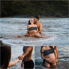 a man and woman are sitting in the water while holding each other's hand