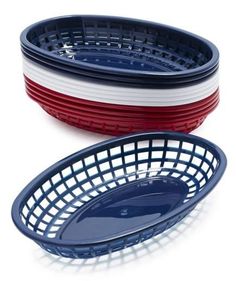 three red, white and blue bowls sitting side by side on top of each other