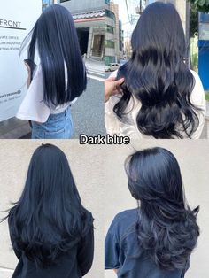 Colored Tips Hair Brunette, Blueberry Black Hair, Dark Blue Hair Color, Deep Blue Hair, Hair Color Dark Blue, 2024 Hair Trends For Women, 2024 Hair Trends, Dark Blue Hair, Korean Hair Color