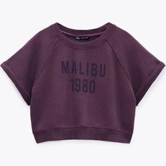 Crop Top With Round Neck And Short Cuffed Sleeves. Color: Eggplant Ref 5643/304 #R Casual Purple Zara Tops, Zara Knitwear, Round Neck Crop Top, Tied T Shirt, Purple Crop Top, Color Season, Strapless Crop Top, Sequin Crop Top, Gingham Tops