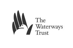 the waterways trust logo is shown in black and white, with an image of a bird