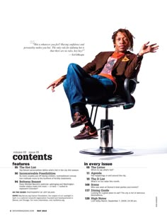 a man sitting on top of a chair in front of a white background with the words contents