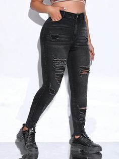 Black  Collar  Denim Plain Skinny Embellished High Stretch  Women Plus Clothing Plus Size Jeans, Plus Clothing, Plus Size, Free Shipping, Clothes, Black