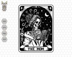 the skeleton tarot card is shown in black and white, with an image of a woman holding a book