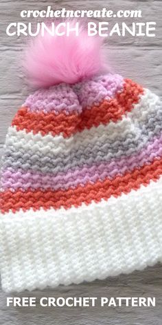 a crocheted hat with a pink pom - pom on it and the text, free crochet pattern