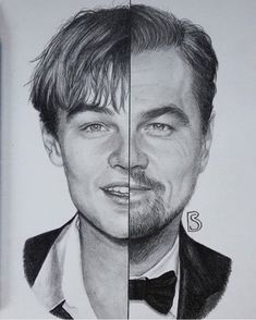 two different pictures of the same man in black and white, one with a bow tie