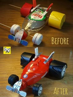 two pictures with different types of toy cars on the same page, one is red and the other is yellow