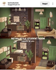 two pictures of a retro style student room with green walls and brown furniture, including a couch