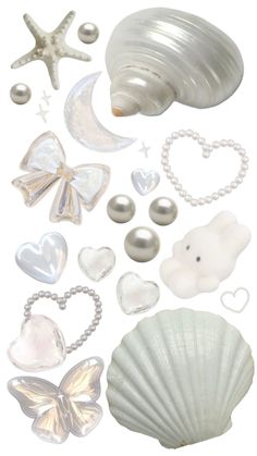 an assortment of seashells and pearls on a white background with hearts, starfish, heart shaped ornaments