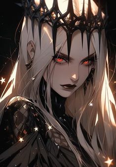 an anime character with white hair and red eyes, wearing spiked spikes on her head