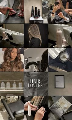 a collage of photos showing different types of hair and beauty products in the salon