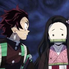 two anime characters standing next to each other in front of a dark sky with clouds