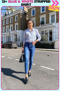 Casual everyday look featuring a blue and white striped shirt tucked into classic jeans. Perfect for a laid-back day while still looking put-together, this timeless combo of stripes and denim is ideal for any casual outing. Classic Summer Outfits, Button Down Outfit, Striped Linen Shirt