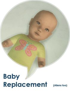 a baby in a green shirt with a pink butterfly on it's chest and the words baby replacment written below