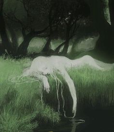 a painting of a woman laying in the grass with her head down and eyes closed