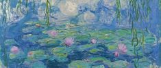 a painting of water lilies and lily pads in blue, green and pink colors