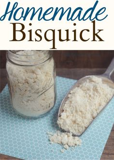 homemade bisquick in a jar and spoon on a blue towel with the title