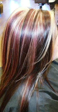 2000s Hair Streaks, Red Blonde Brown Hair, Peek A Boo Highlights, Neapolitan Hair, Sleek Short Hair, Burgundy Highlights, Red Hair Inspiration